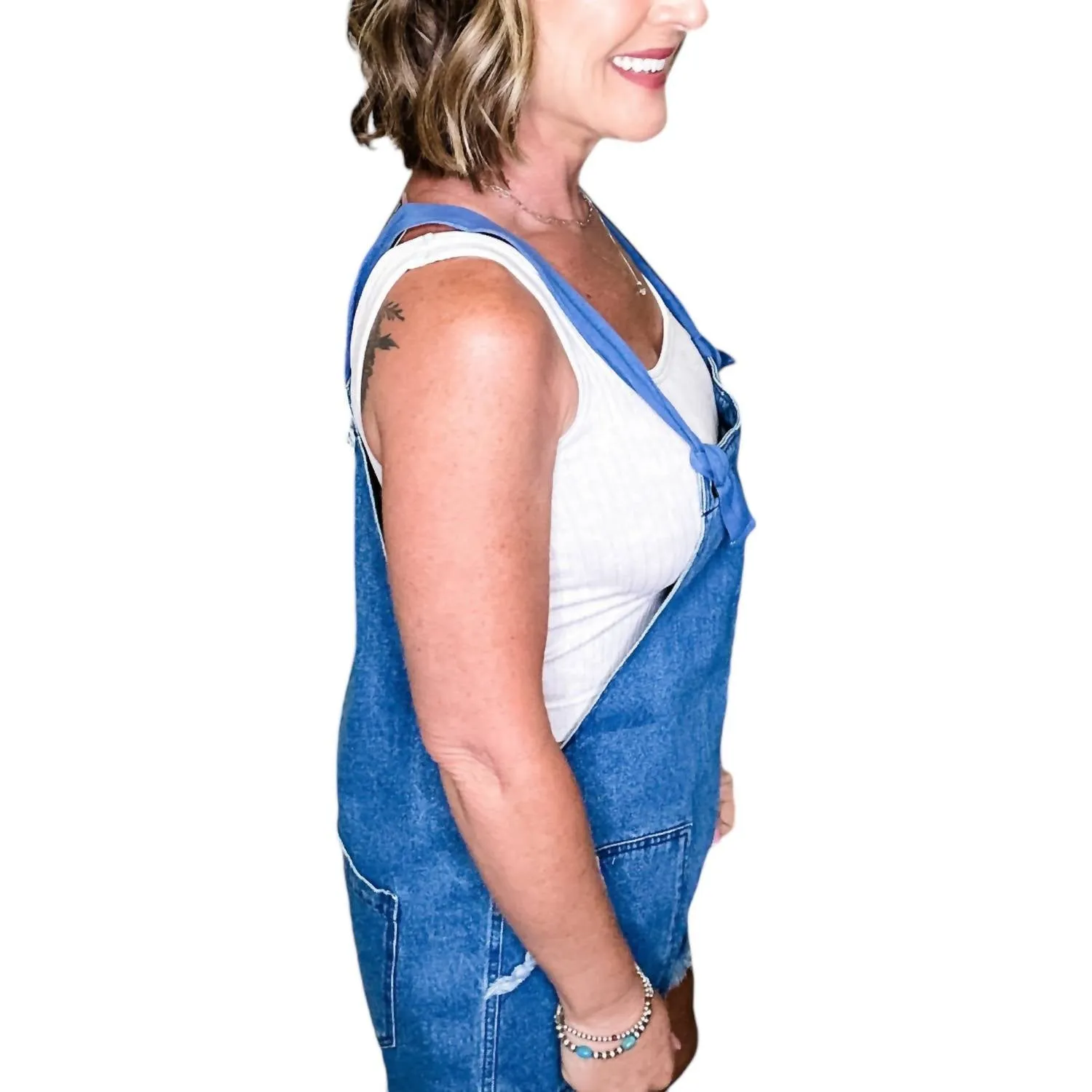 Denim Short Romper In Denim Blue