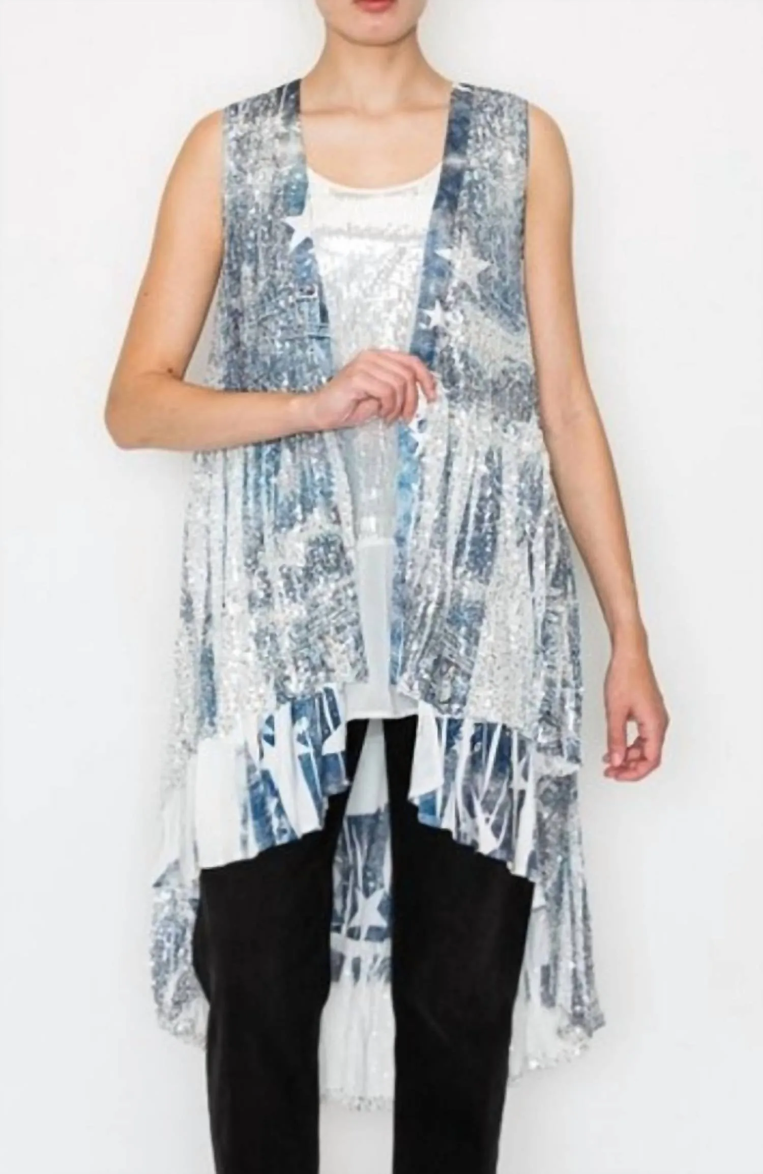 Denim Star Sequin Vest In Grey