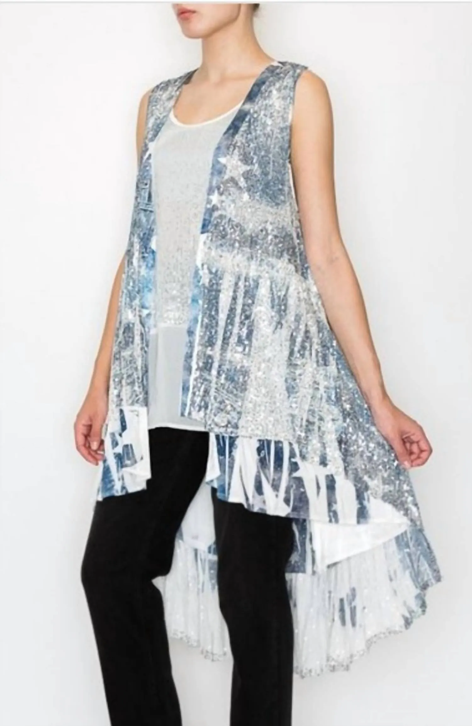 Denim Star Sequin Vest In Grey