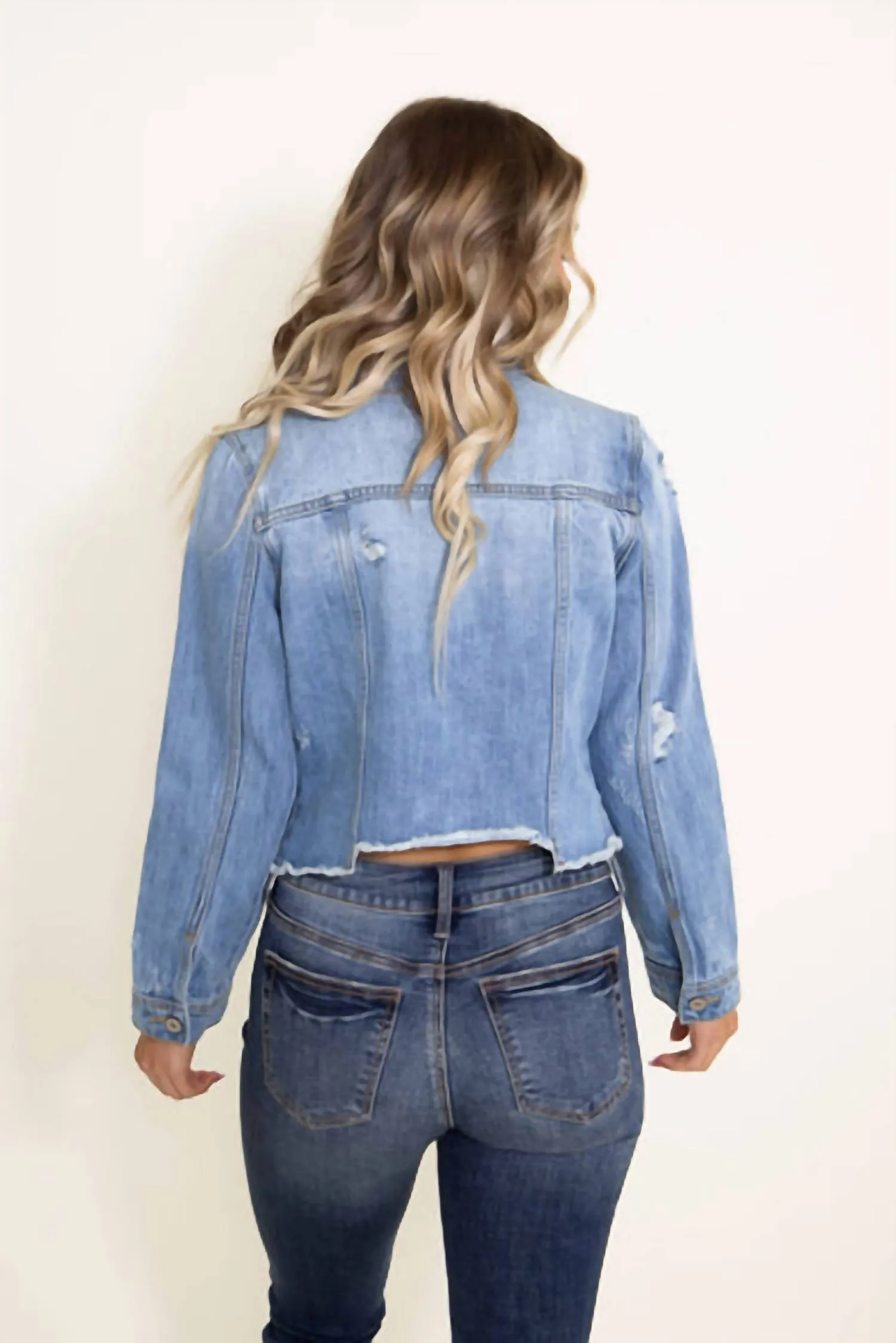 Destructed Hem Denim Jacket In Medium Wash Denim