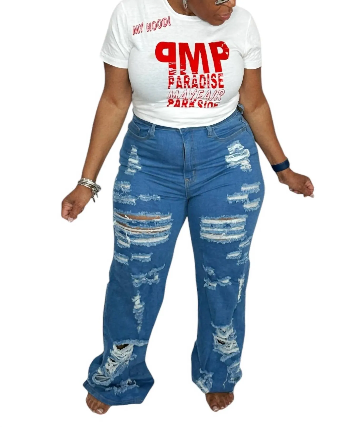 Distressed Jeans In Medium Blue