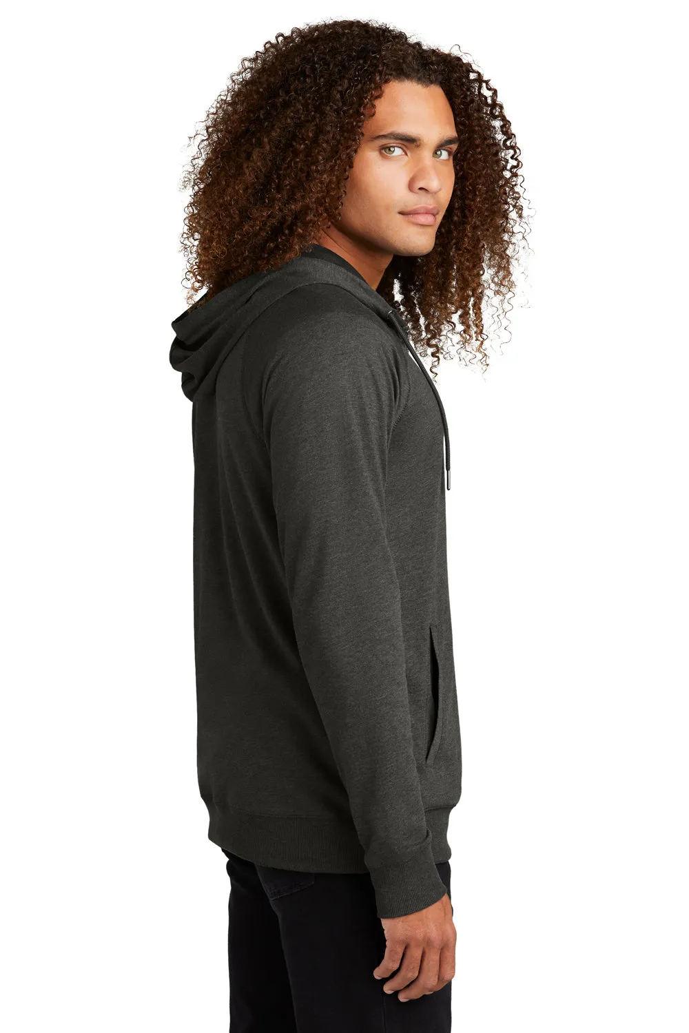 District Mens French Terry Full Zip Hooded Sweatshirt Hoodie w/ Pockets - Washed Coal Grey