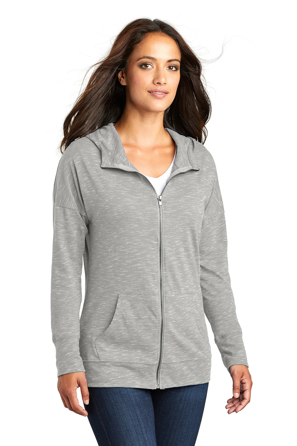 District Womens Medal Full Zip Hooded Sweatshirt Hoodie w/ Pockets - Light Grey