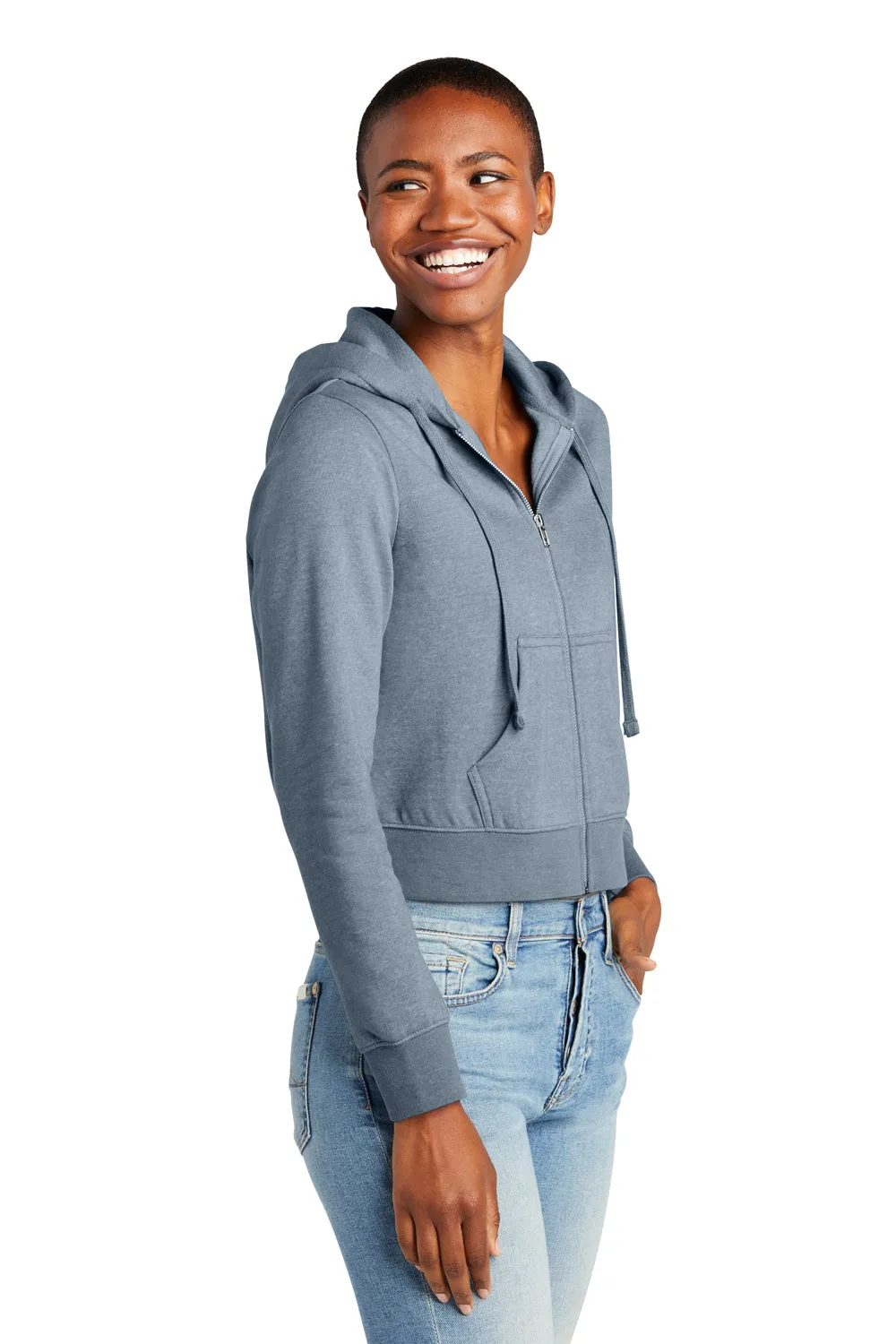 District Womens V.I.T. Fleece Full Zip Hooded Sweatshirt Hoodie w/ Pockets - Heather Flint Blue