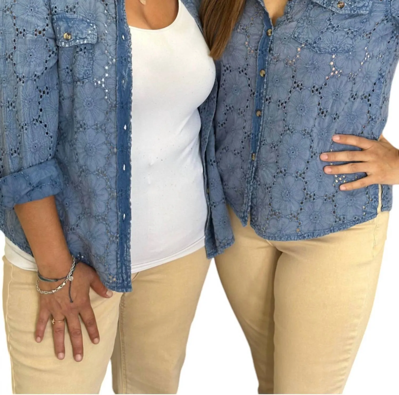 Eyelet Washed Denim Shirt In Blue