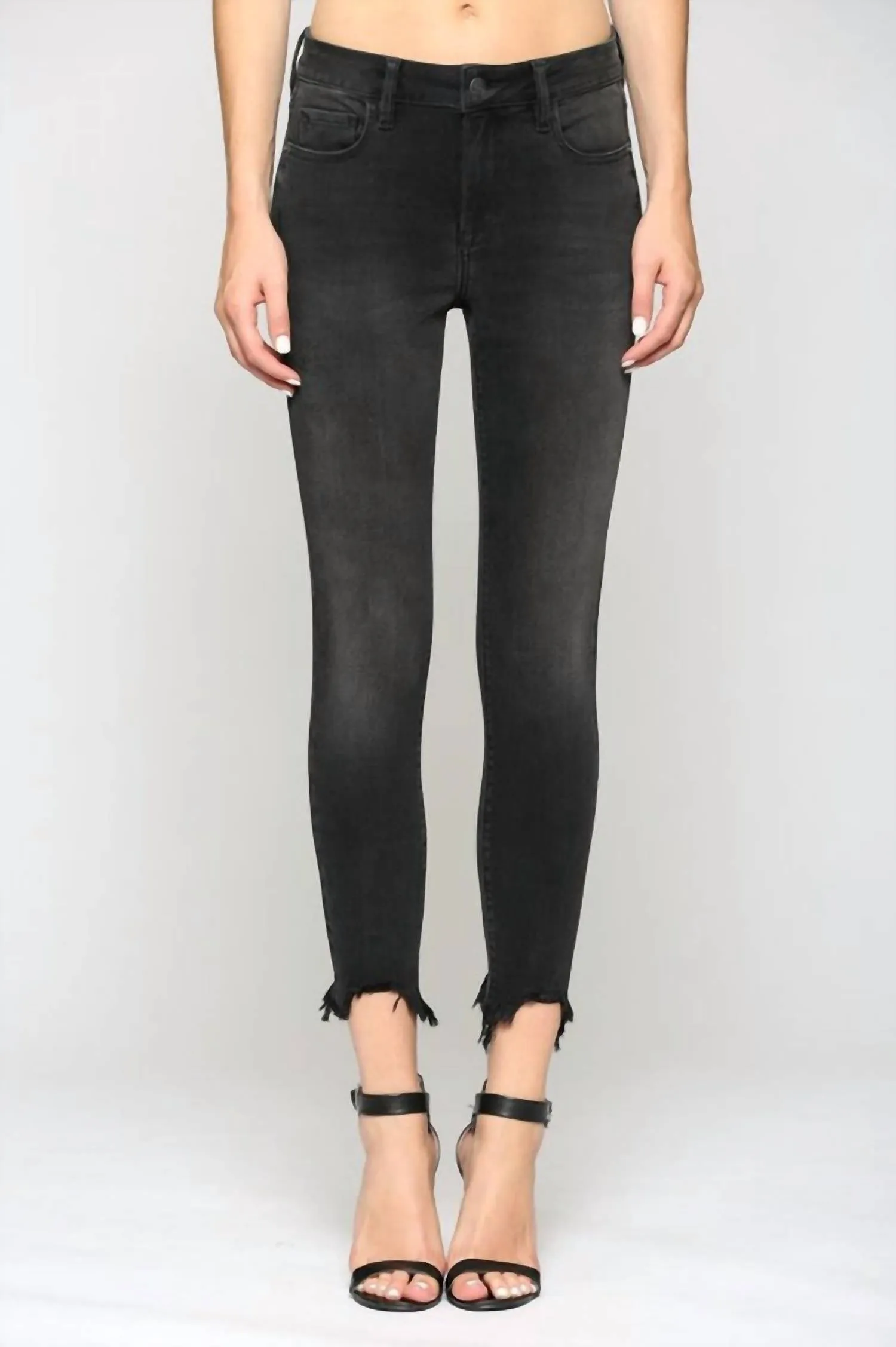 Frayed Hem Mid Rise Skinny Jean In Vintage Black