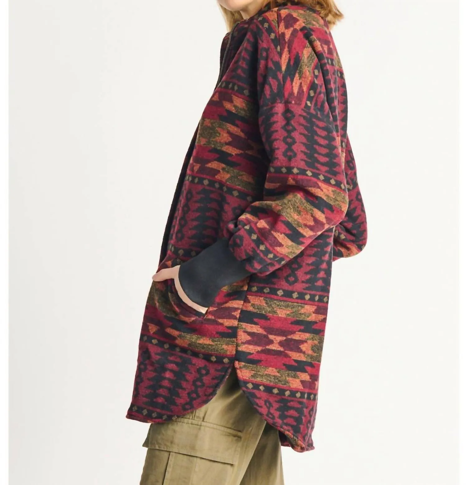 Geo Zip Front Printed Jacket In Afghan Burgundy Geo