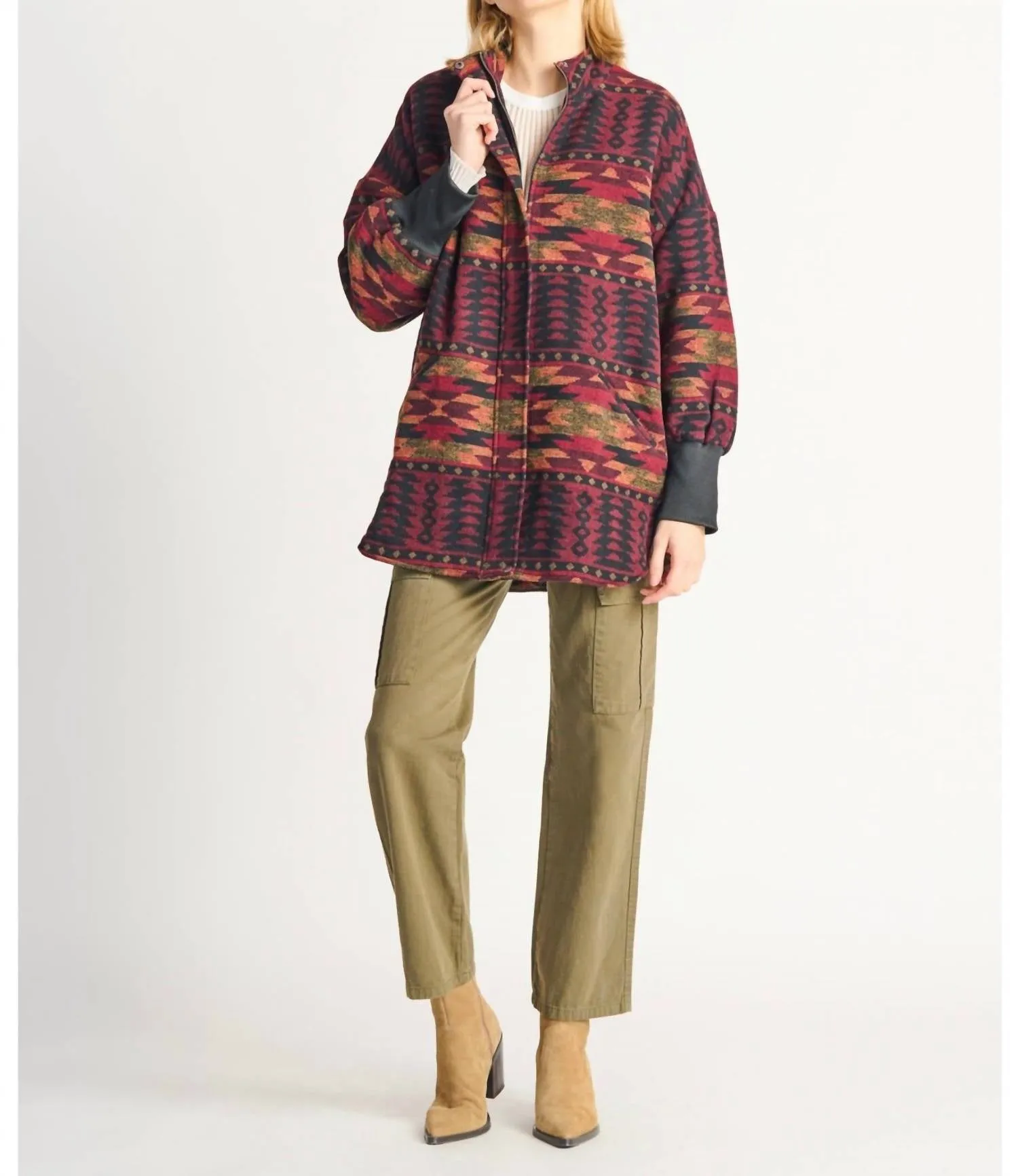 Geo Zip Front Printed Jacket In Afghan Burgundy Geo