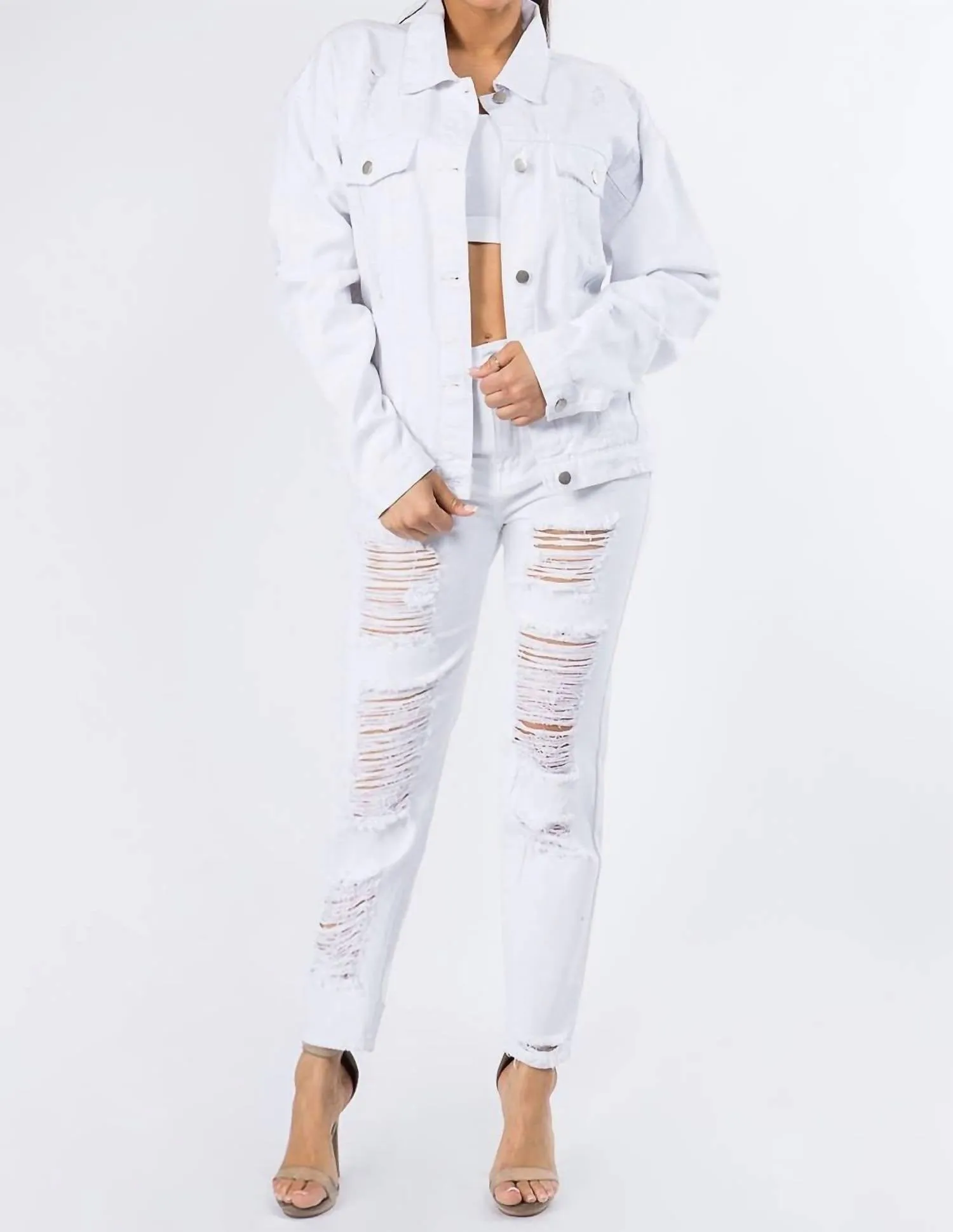 Graphic Distressed Denim Jacket In White