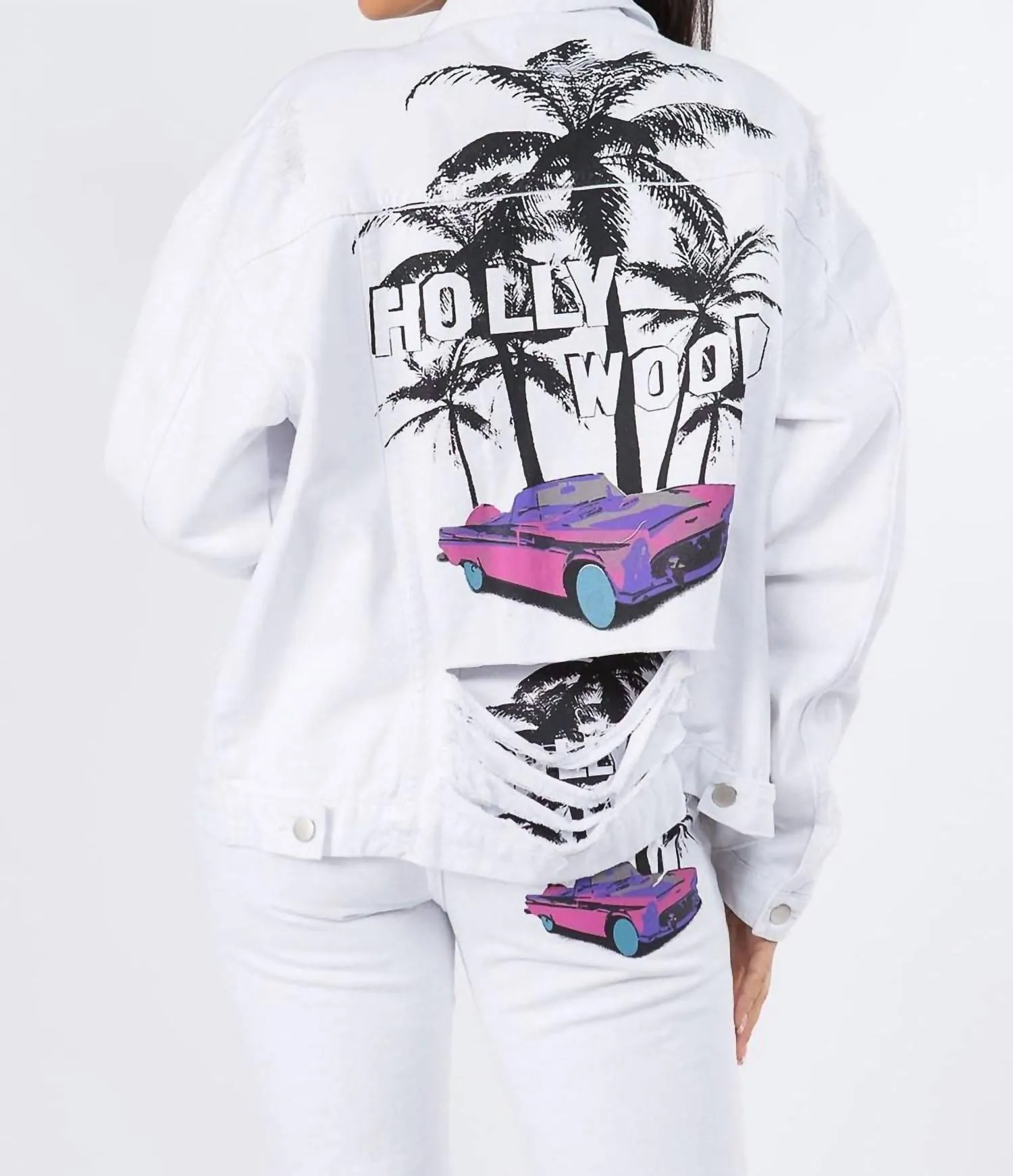 Graphic Distressed Denim Jacket In White