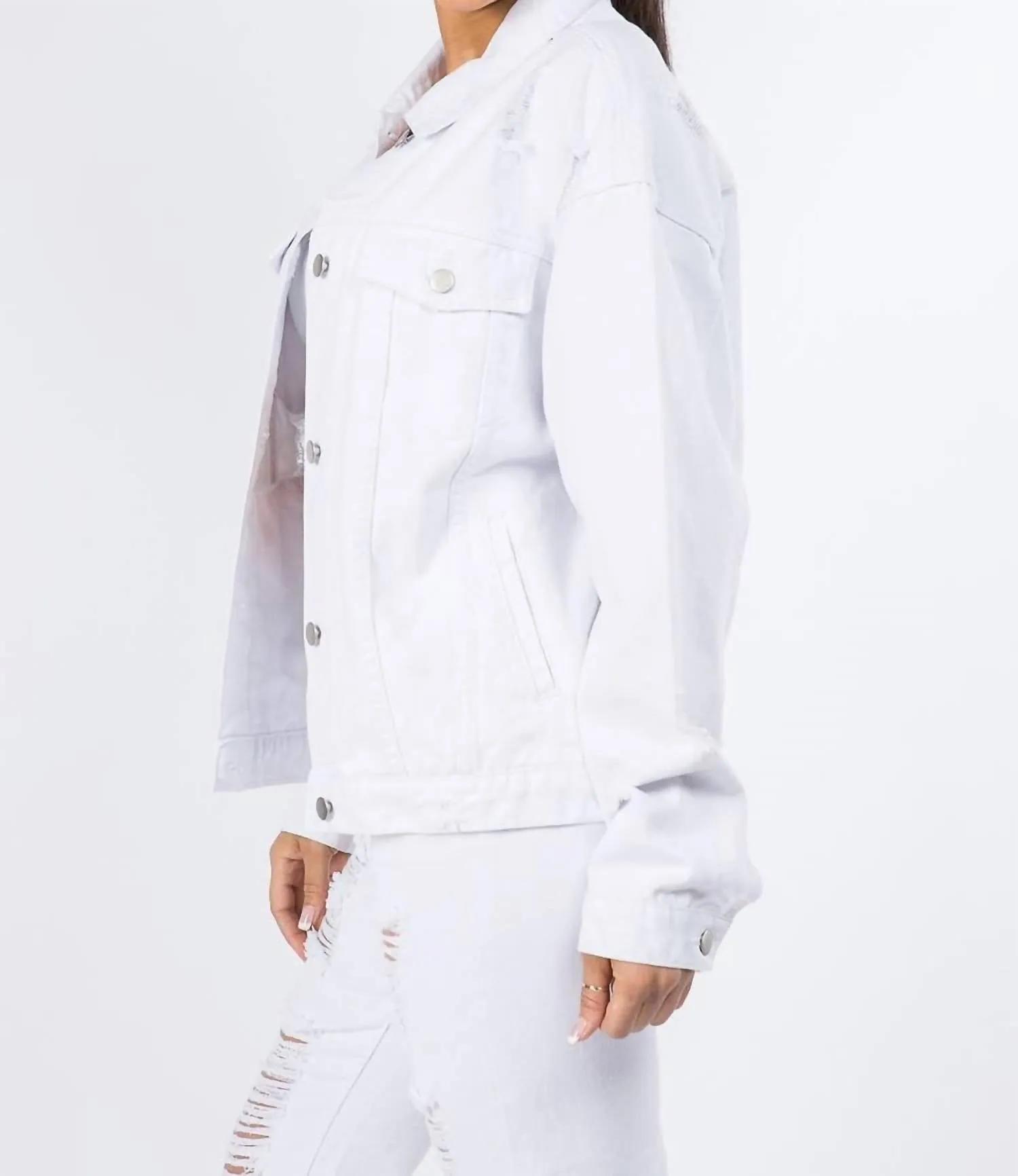 Graphic Distressed Denim Jacket In White