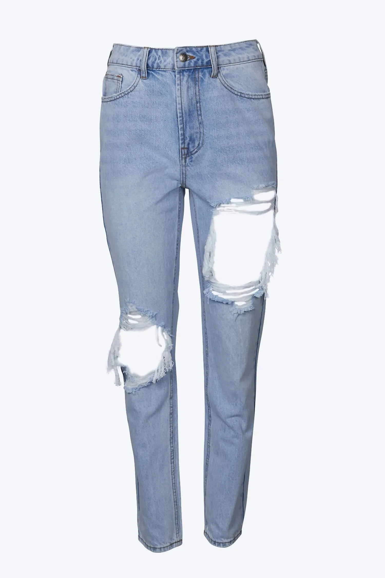 High-Rise Distressed Tapered Jeans In Light Blue