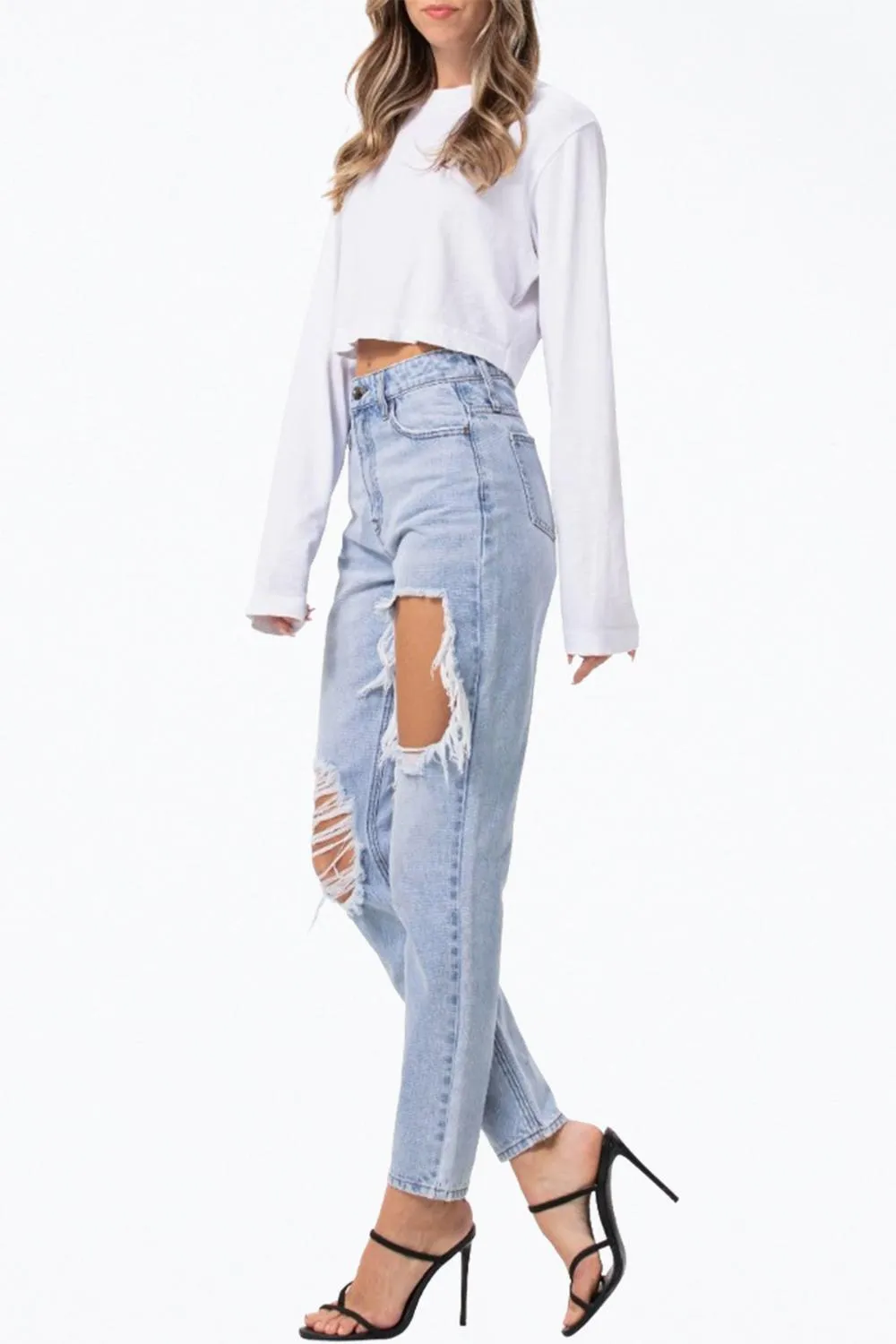 High-Rise Distressed Tapered Jeans In Light Blue
