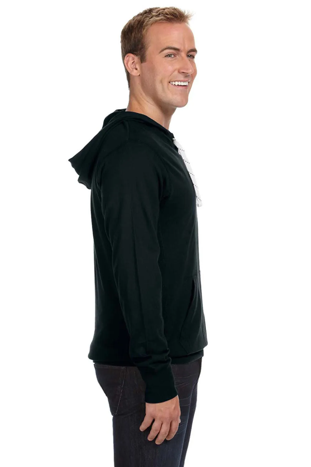 J America Mens Sport Lace Jersey Hooded Sweatshirt Hoodie w/ Pouch Pocket - Black