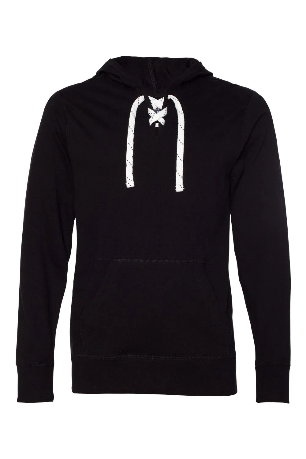 J America Mens Sport Lace Jersey Hooded Sweatshirt Hoodie w/ Pouch Pocket - Black