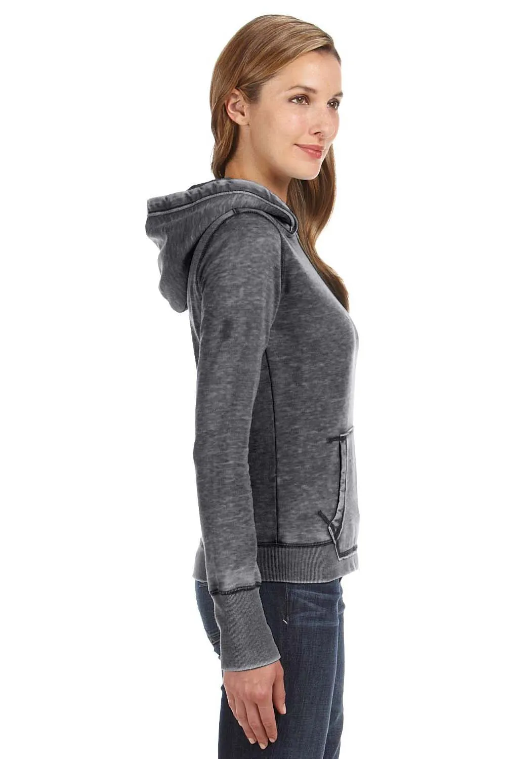 J America Womens Zen Burnout Fleece Hooded Sweatshirt Hoodie w/ Pouch Pocket - Dark Smoke Grey