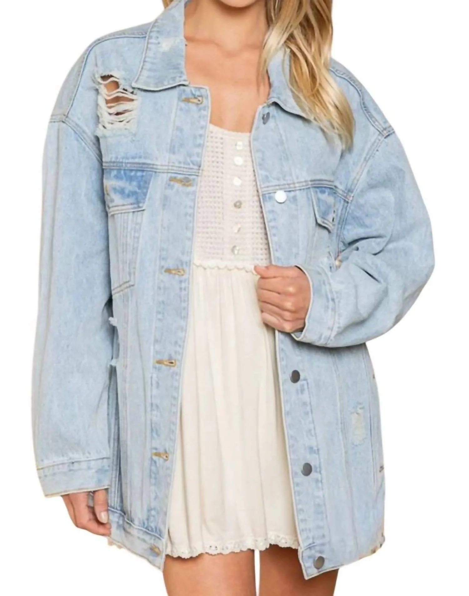 Je T'aime Mon Amour Distressed Denim Jacket In Denim Multi