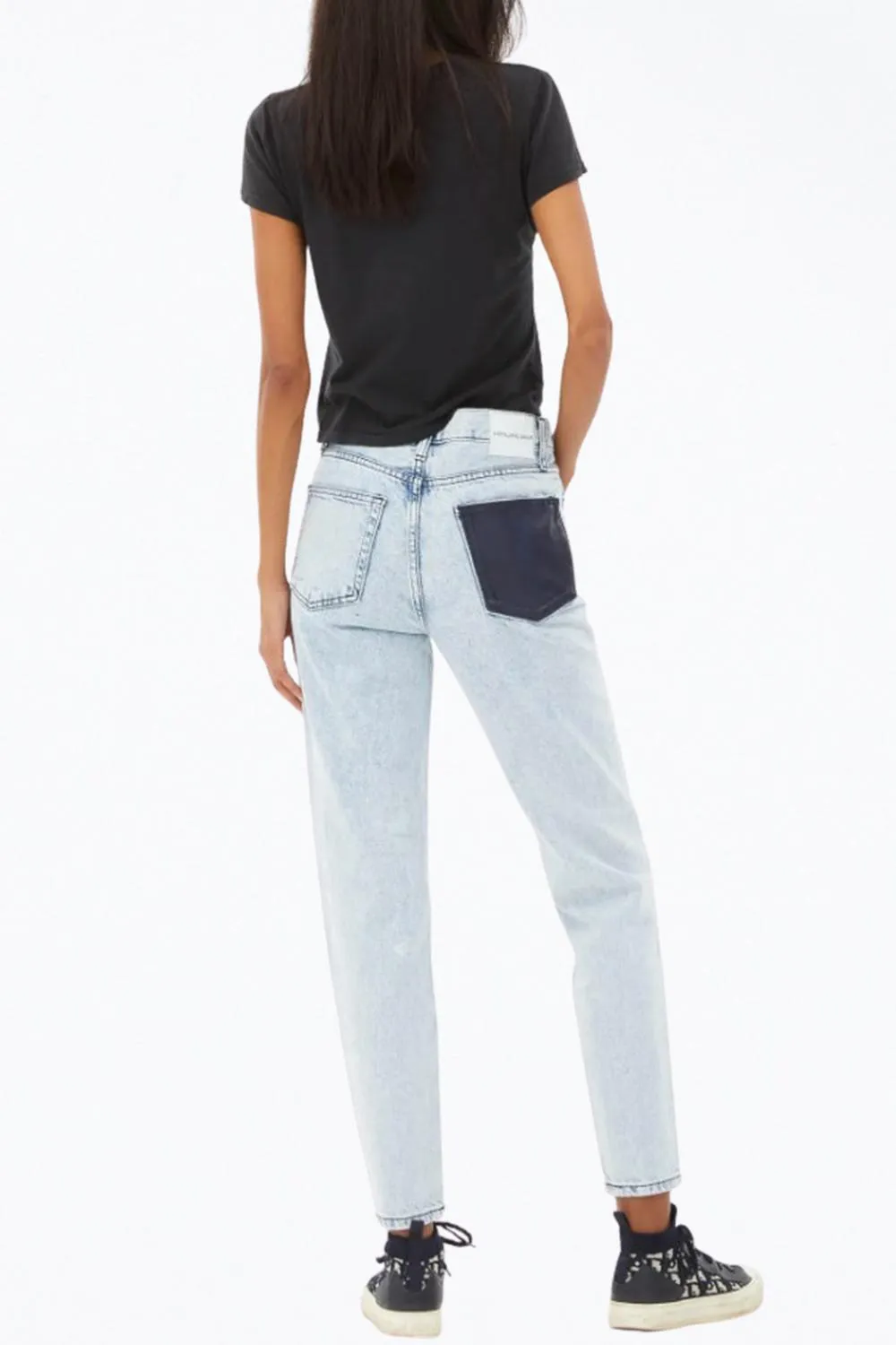 Leather Pocket High-Rise Tapered Jeans In Light Blue