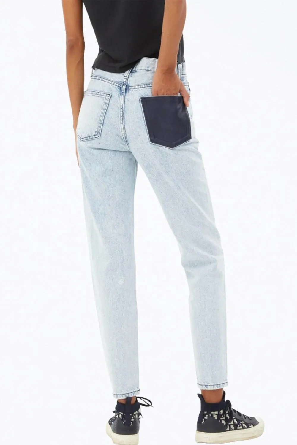 Leather Pocket High-Rise Tapered Jeans In Light Blue