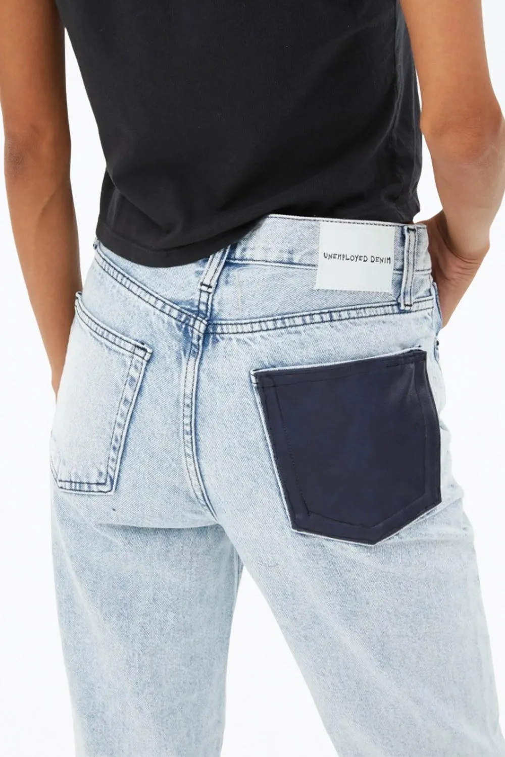 Leather Pocket High-Rise Tapered Jeans In Light Blue