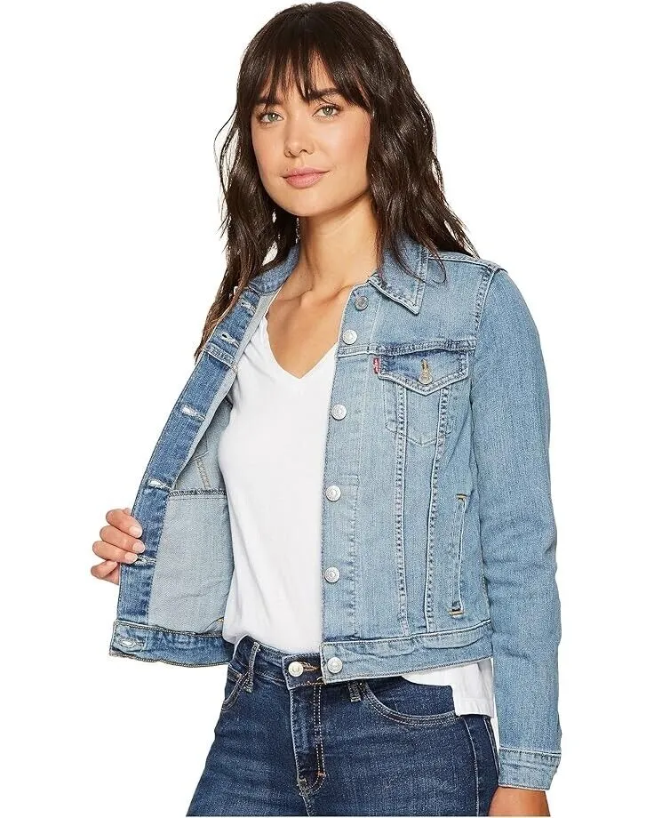 Levis Trucker Jacket Women's Large Blue Cotton Blend Denim Long Sleeve JDM216