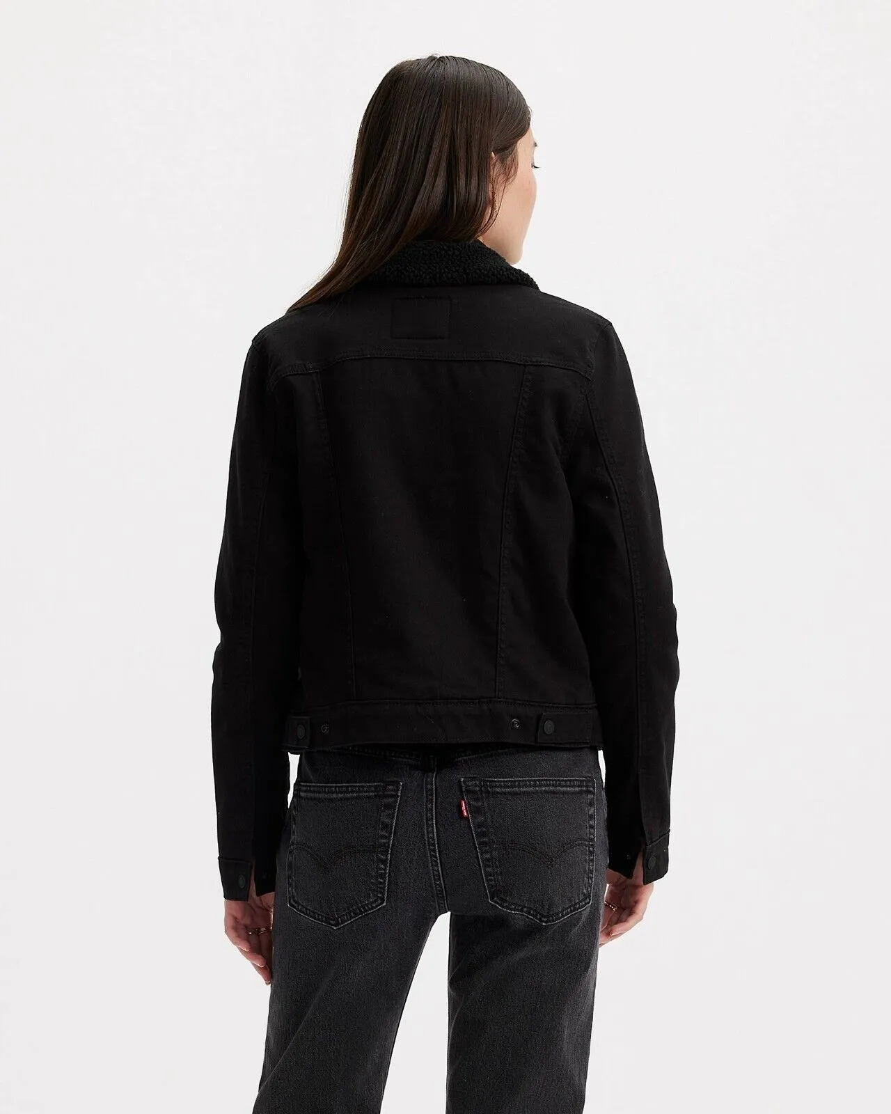 Levi's Trucker Jacket Women's XL Black Cotton Blend Denim Sherpa Lined JDM204