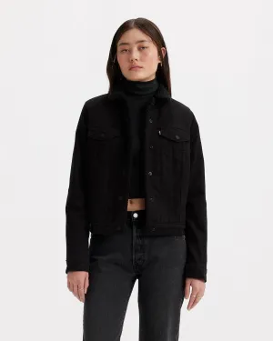 Levi's Trucker Jacket Women's XL Black Cotton Blend Denim Sherpa Lined JDM204