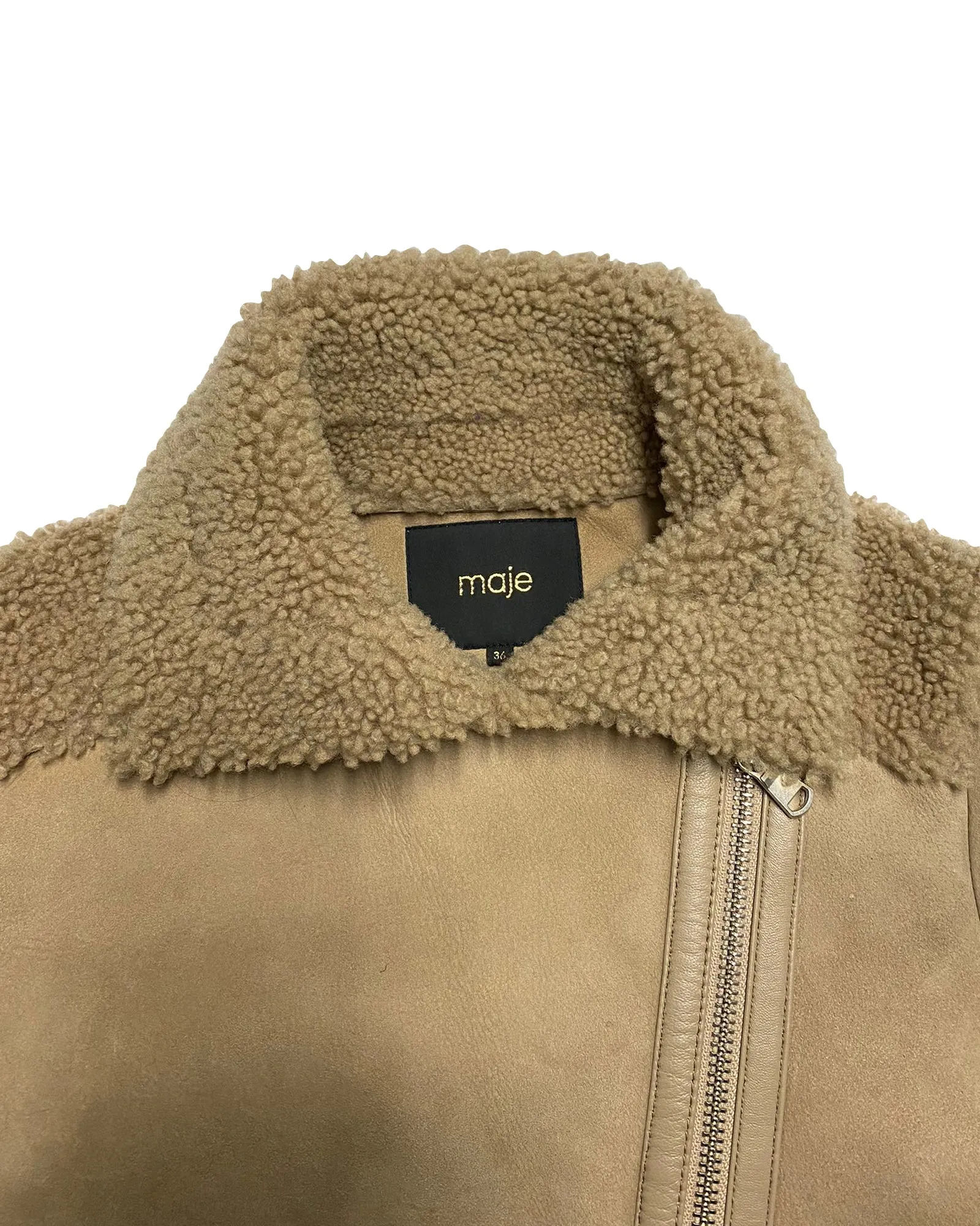 Maje Gombery Shearling Jacket in Beige Suede