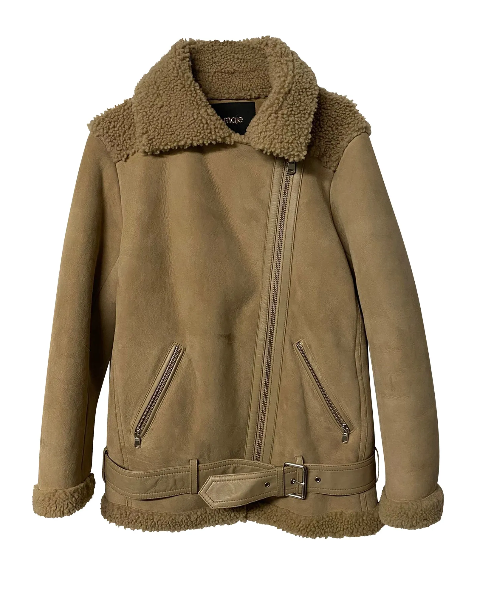 Maje Gombery Shearling Jacket in Beige Suede