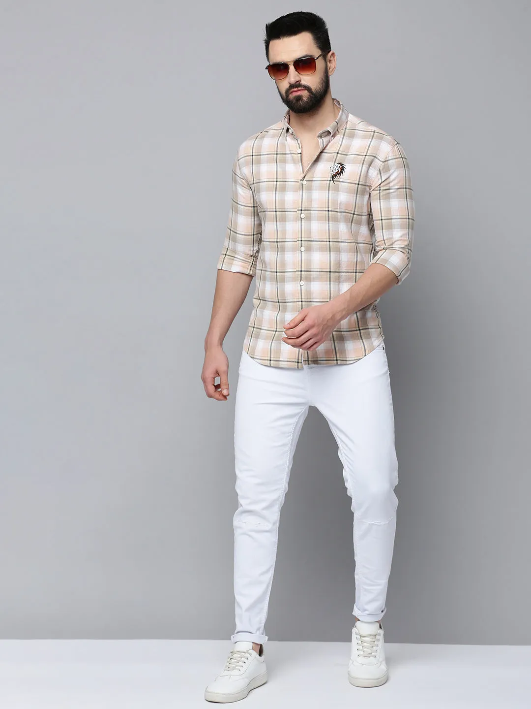 Men Beige Comfort Tartan Checked Cotton Casual Shirt