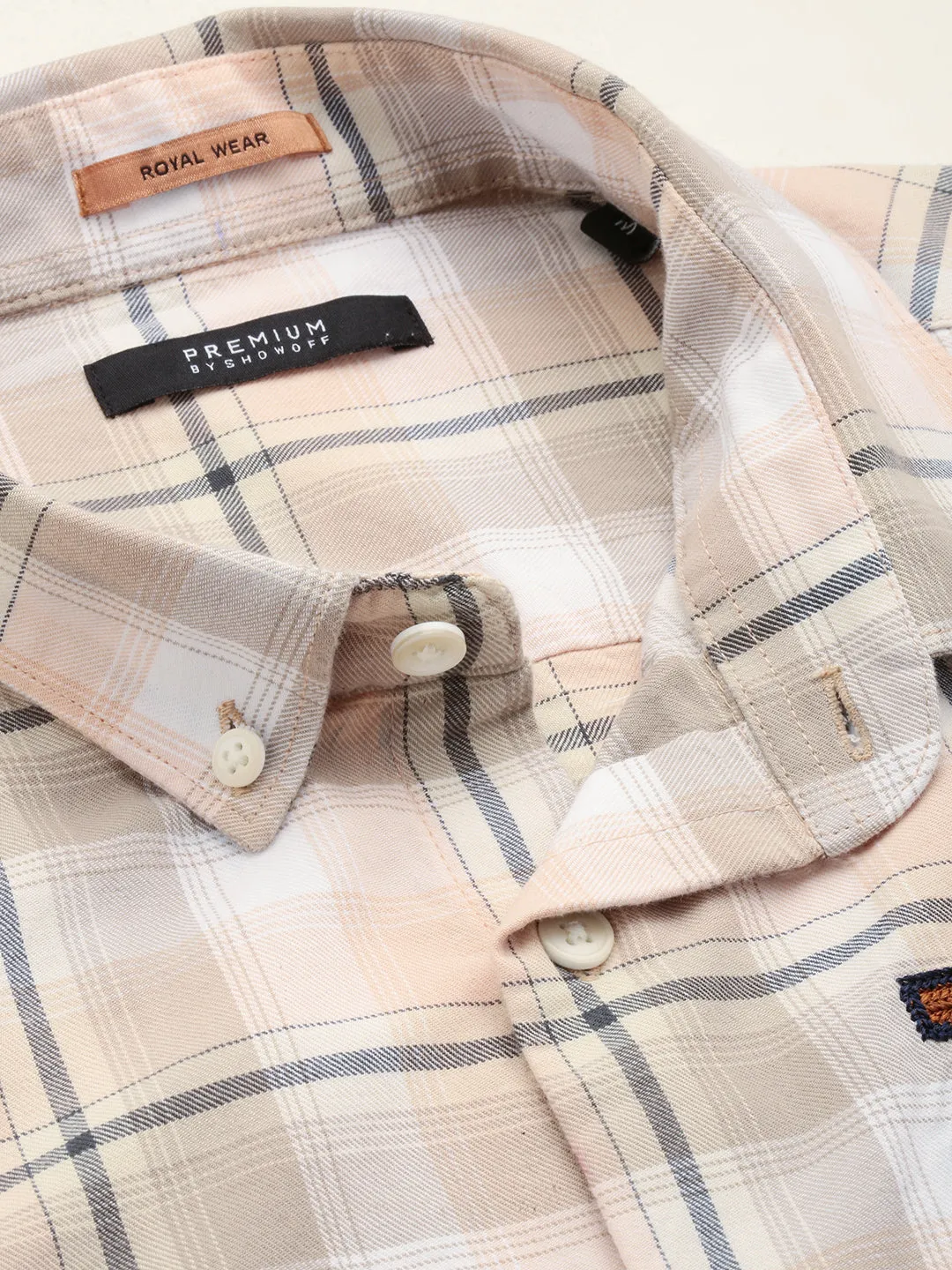 Men Beige Comfort Tartan Checked Cotton Casual Shirt