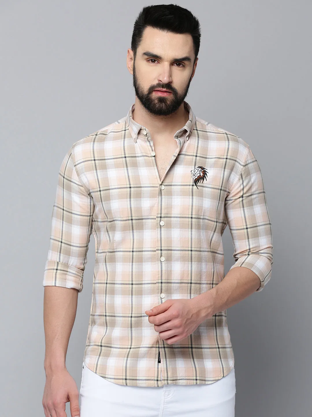 Men Beige Comfort Tartan Checked Cotton Casual Shirt