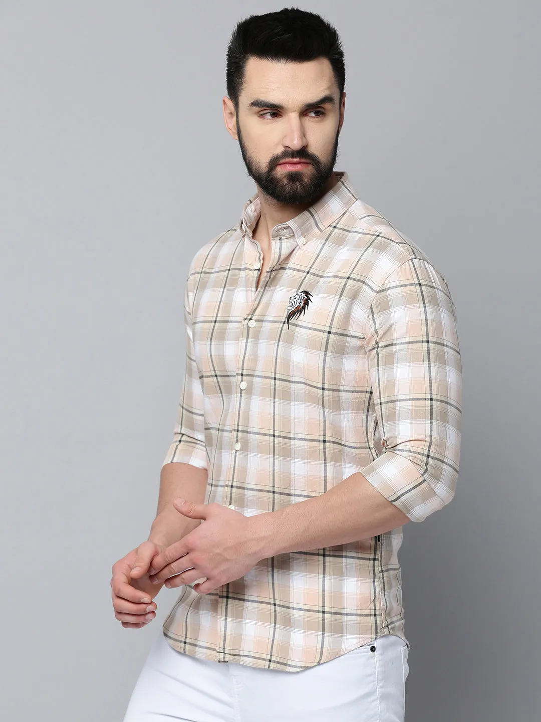 Men Beige Comfort Tartan Checked Cotton Casual Shirt