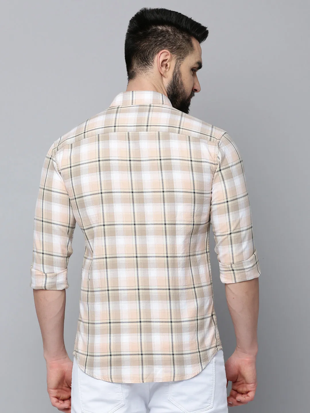 Men Beige Comfort Tartan Checked Cotton Casual Shirt