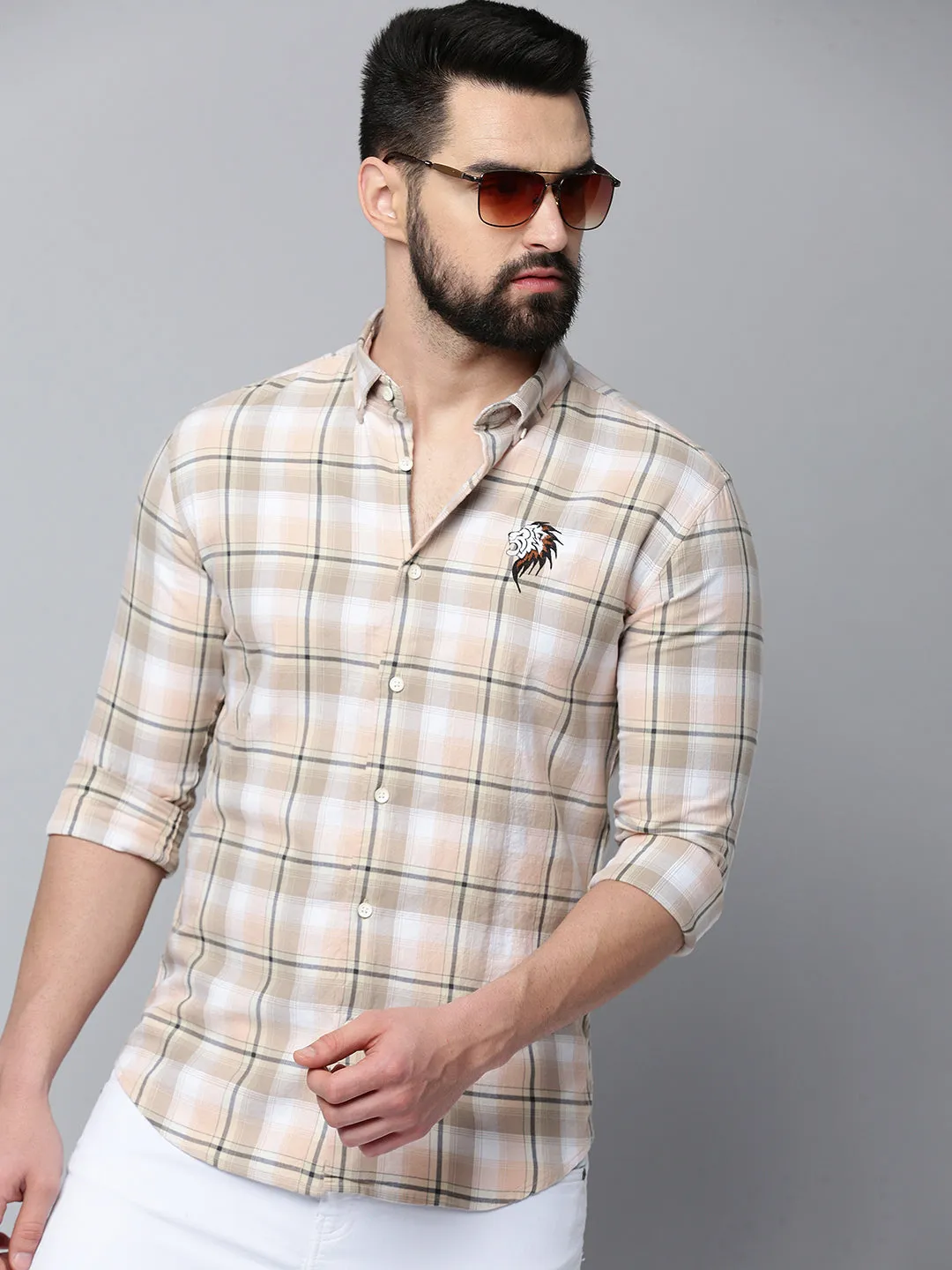 Men Beige Comfort Tartan Checked Cotton Casual Shirt