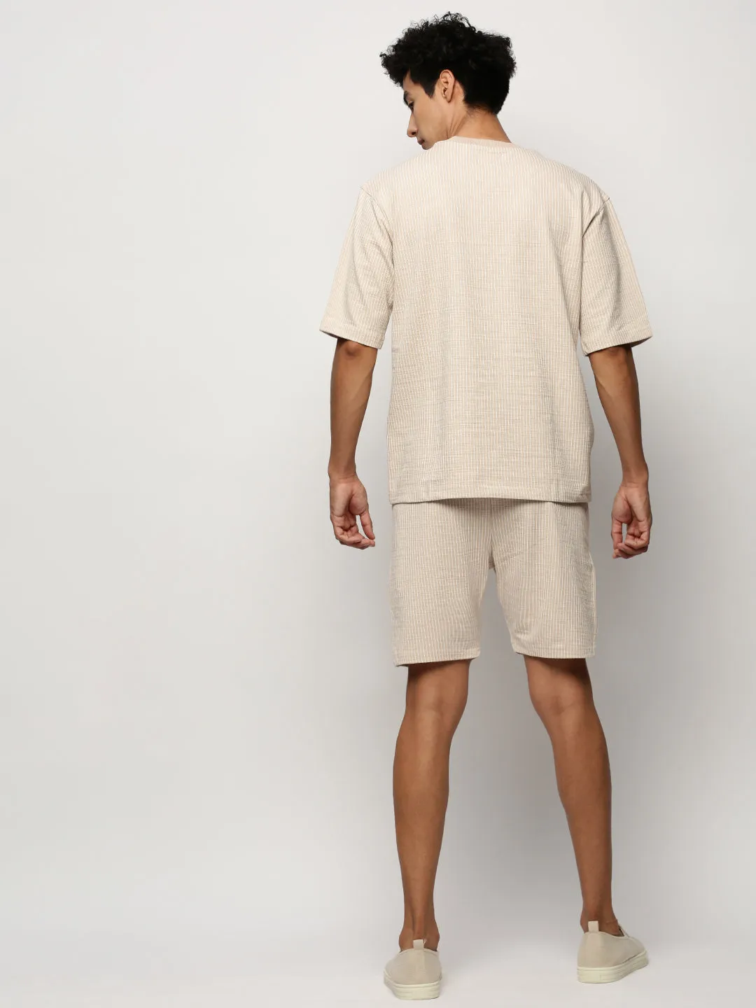 Men Beige Round Neck Striped Co-Ords Set