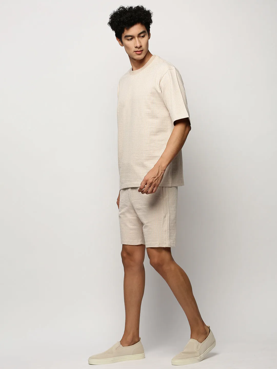 Men Beige Round Neck Striped Co-Ords Set