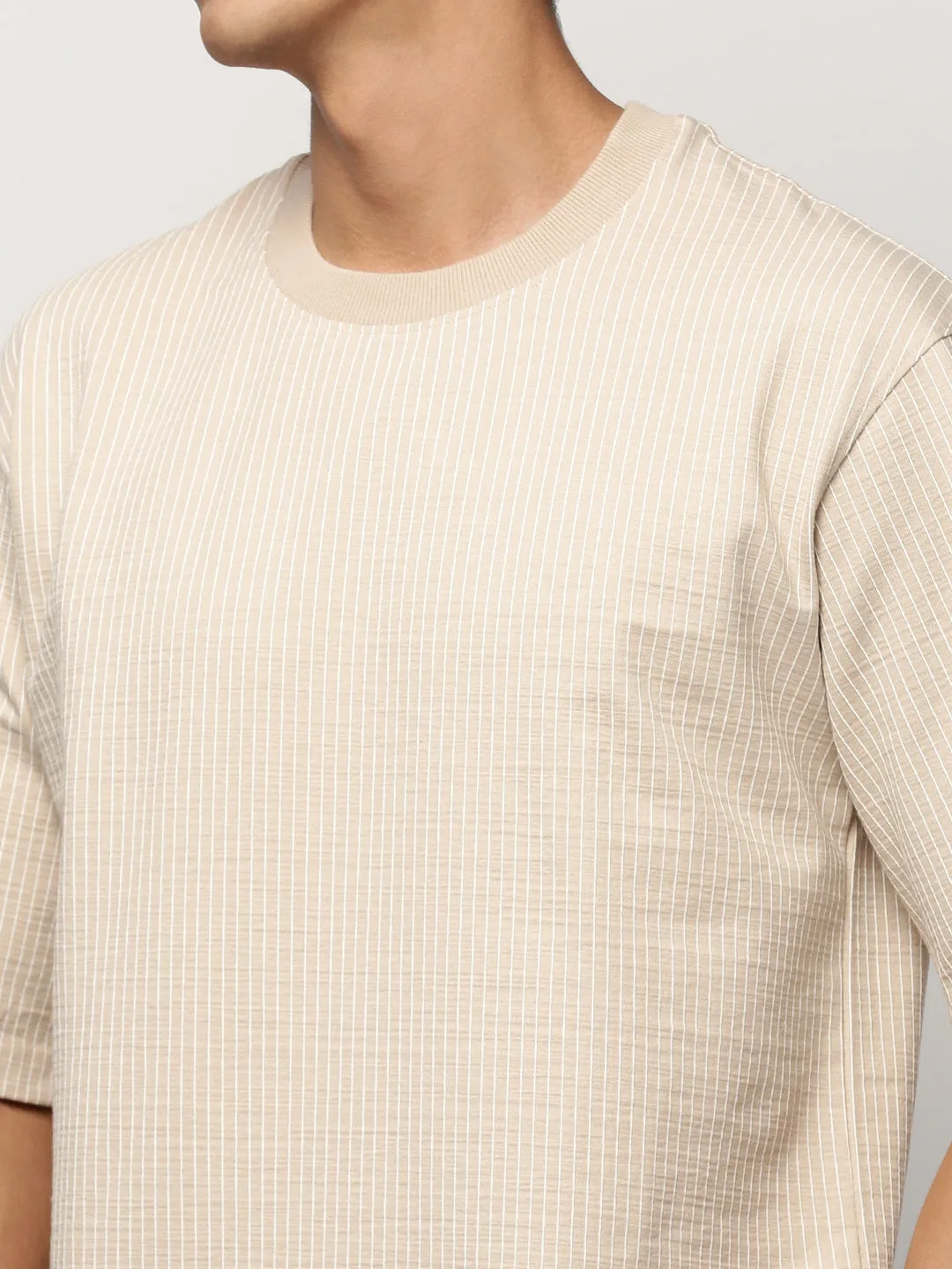 Men Beige Round Neck Striped Co-Ords Set