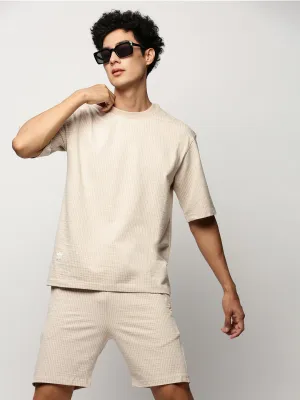 Men Beige Round Neck Striped Co-Ords Set