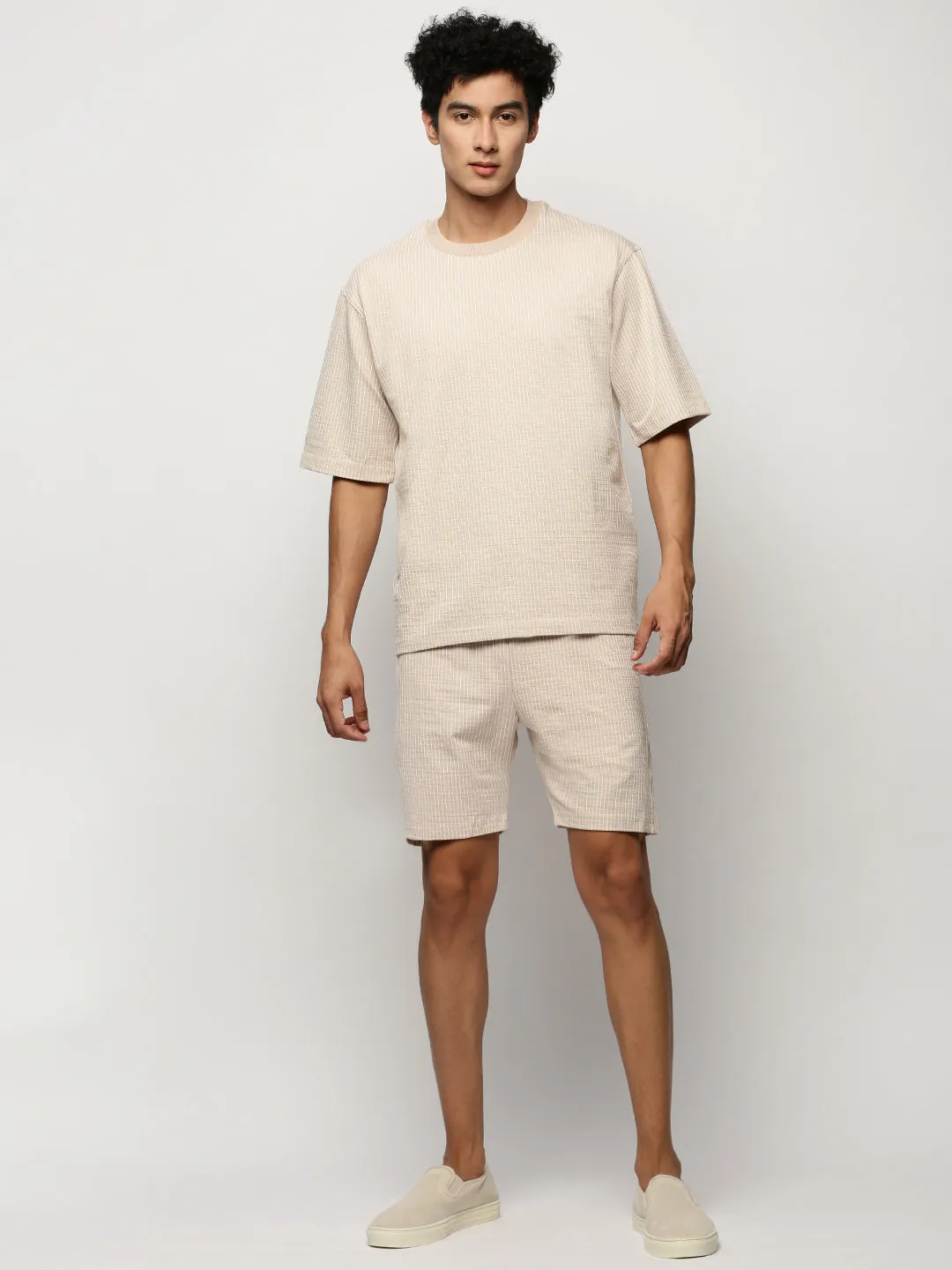 Men Beige Round Neck Striped Co-Ords Set