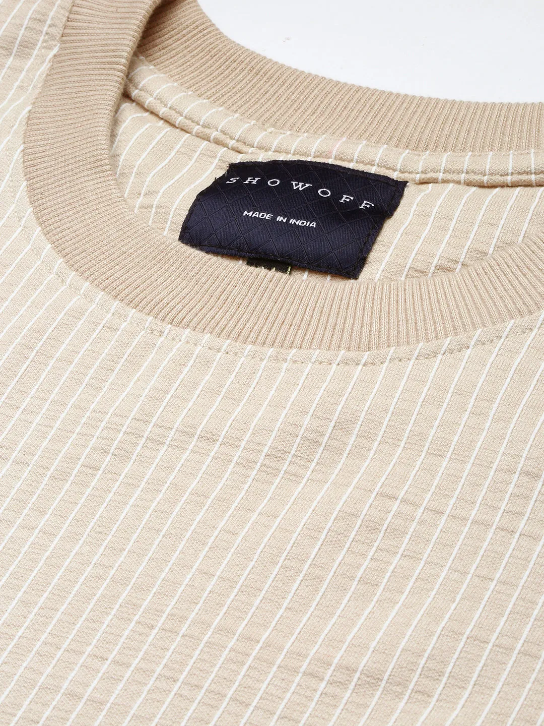 Men Beige Round Neck Striped Co-Ords Set