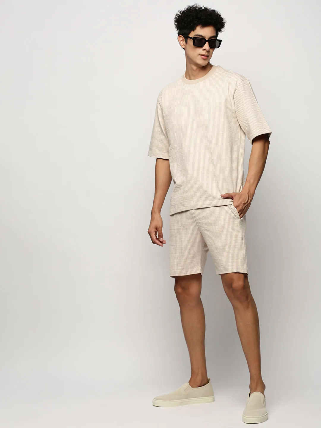 Men Beige Round Neck Striped Co-Ords Set