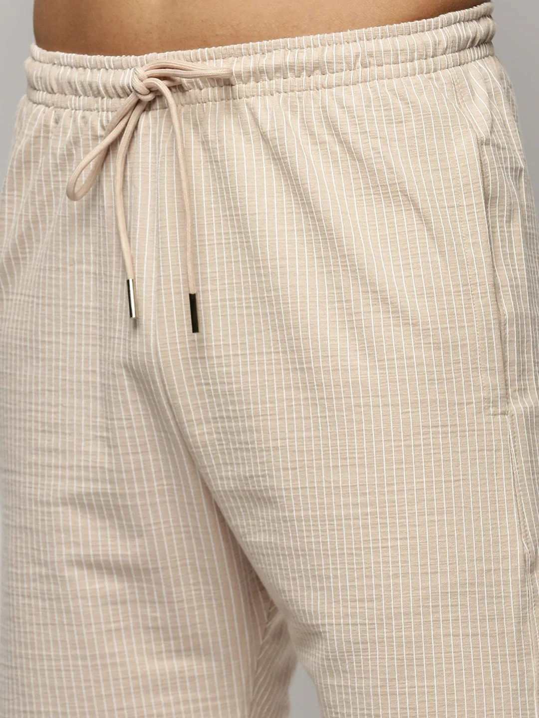 Men Beige Round Neck Striped Co-Ords Set