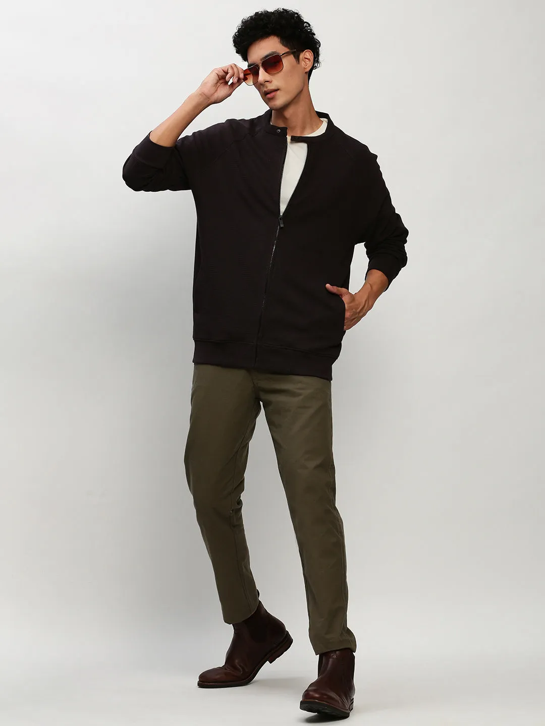 Men Black Band Collar Self Design Cotton Front Open Sweatshirt