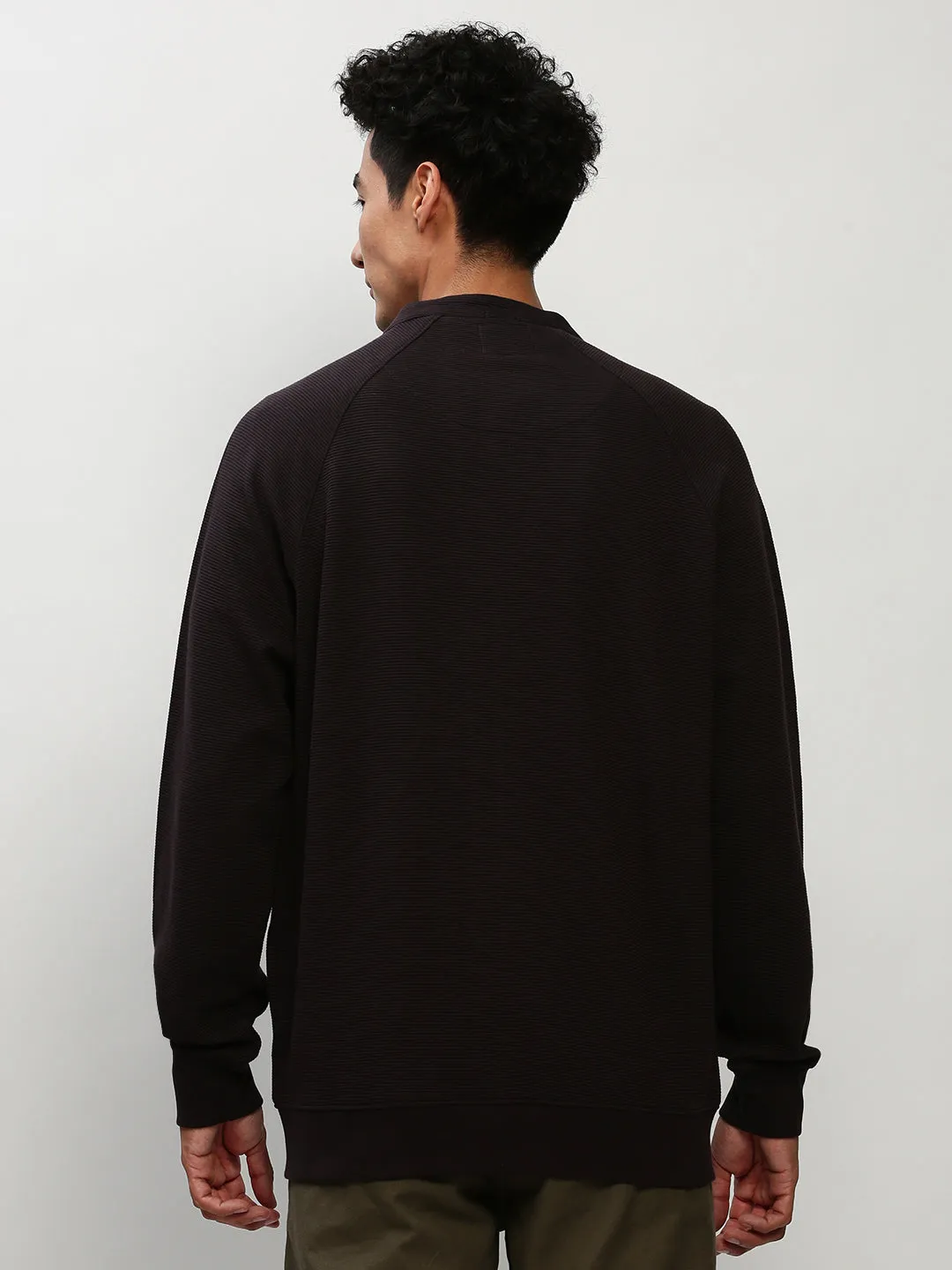 Men Black Band Collar Self Design Cotton Front Open Sweatshirt