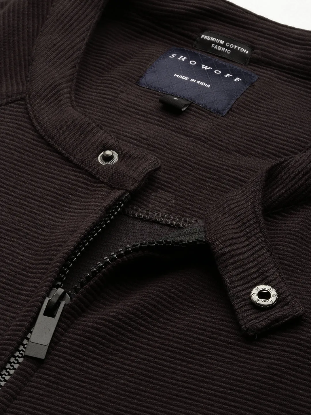 Men Black Band Collar Self Design Cotton Front Open Sweatshirt