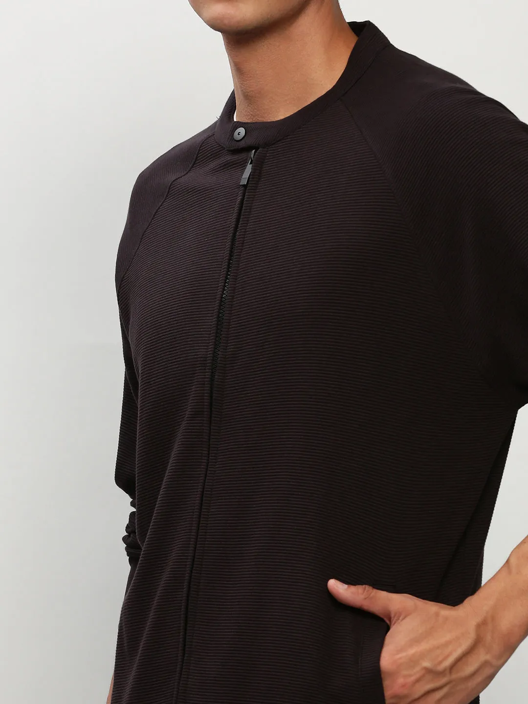 Men Black Band Collar Self Design Cotton Front Open Sweatshirt