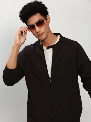 Men Black Band Collar Self Design Cotton Front Open Sweatshirt