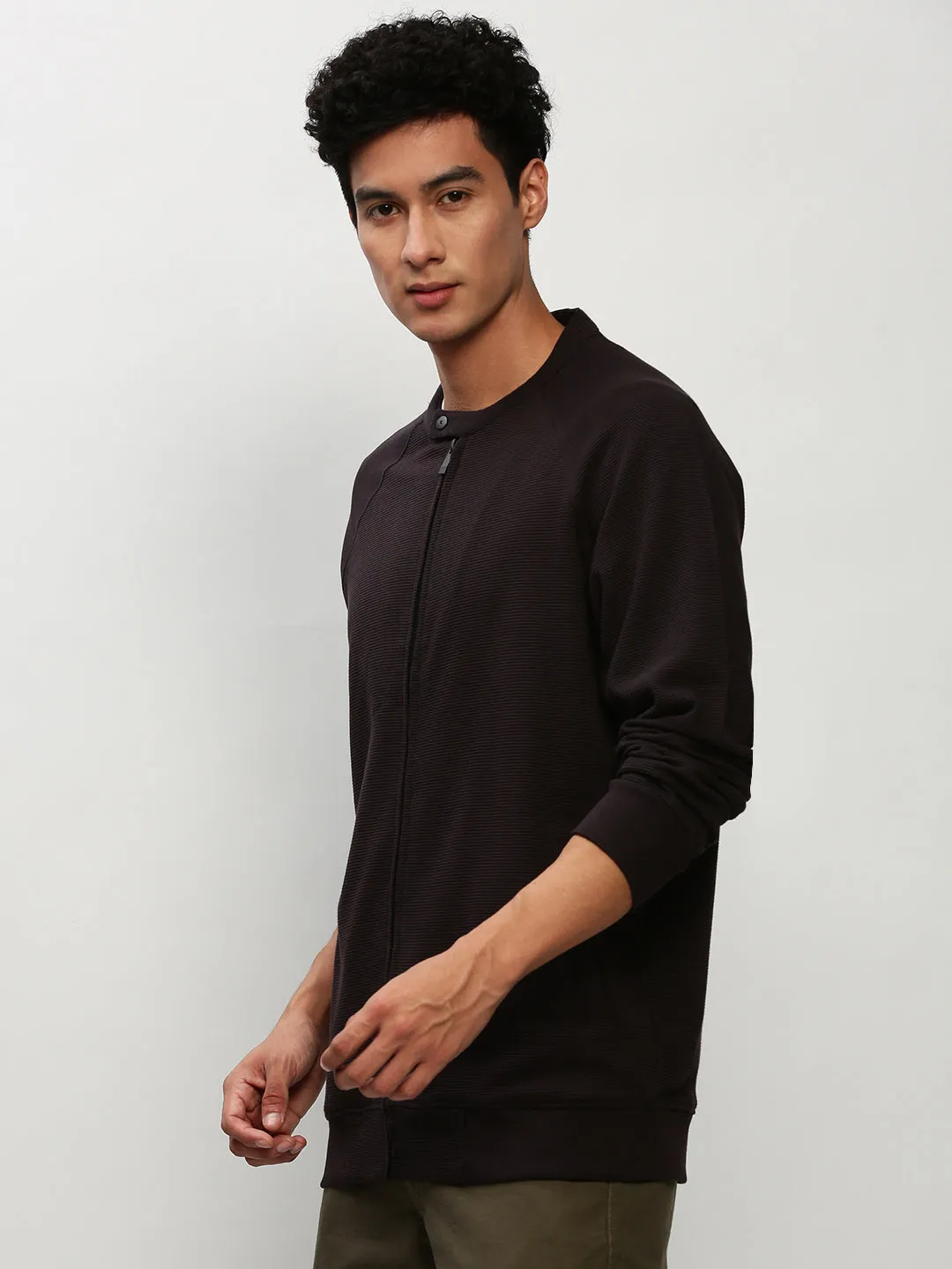 Men Black Band Collar Self Design Cotton Front Open Sweatshirt