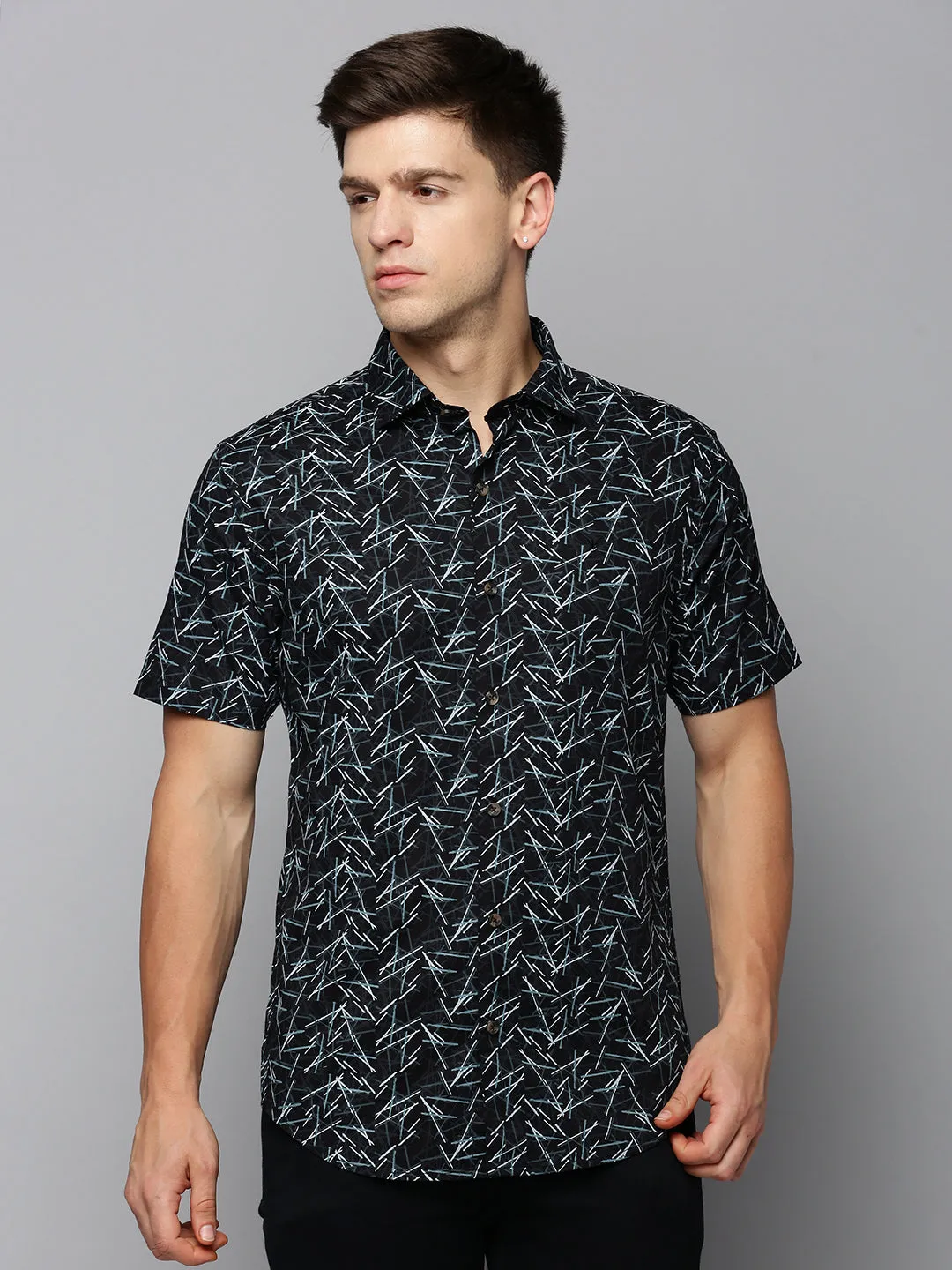 Men Black Comfort Abstract Printed Cotton Casual Shirt